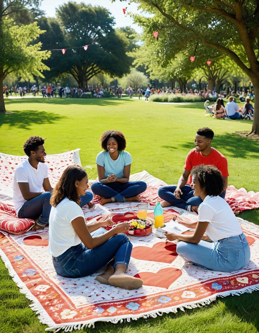 A warm, inviting scene depicting diverse couples and friends engaging in joyous activities in a sunlit park, surrounded by heart-shaped decorations and flourishing flowers symbolizing love. Include elements like a picnic blanket, shared laughter, and a backdrop of upbeat music notes to create a sense of community and connection. super-realistic. vibrant colors. cheerful atmosphere.