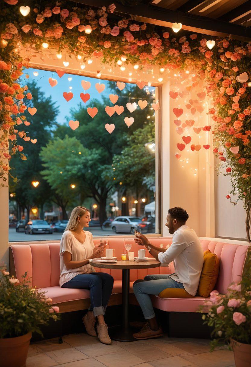 A warm and inviting scene depicting diverse couples connecting in a cozy café, each engaging in meaningful conversation, surrounded by glowing heart symbols and supportive nature elements like trees and flowers. The atmosphere is filled with vibrant energy, showcasing the power of love and friendship. Soft, pastel colors enhance the emotional warmth of the setting. super-realistic. vibrant colors. cozy ambiance.
