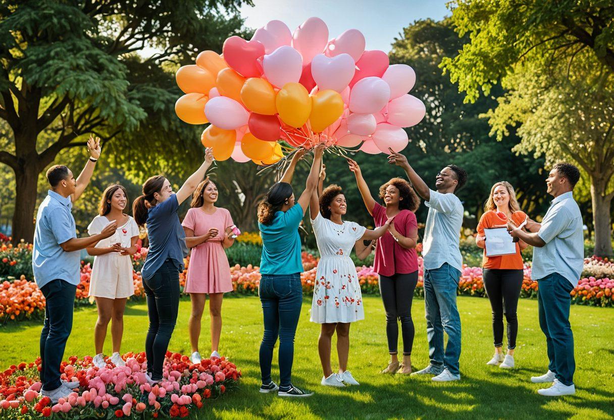 A heartwarming scene showcasing diverse individuals uniting in a park, sharing laughter and engaging in activities like painting and storytelling, surrounded by blooming flowers and greenery. Include symbols of love like heart-shaped balloons and intertwined hands to represent connection and community. Emphasize a vibrant sunset background to evoke warmth and positivity. super-realistic. vibrant colors. 3D.